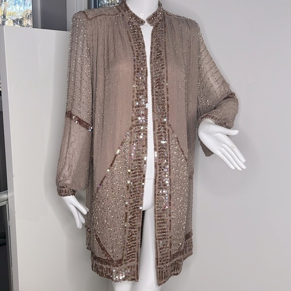Oleg Cassini Sz 10 Taupe Beige Silk Beaded Evening Open 3/4 Duster Jacket - New - Picture 1 of 11